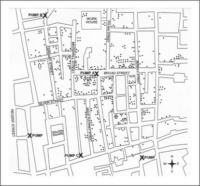Map of London with Broad street pump indicated